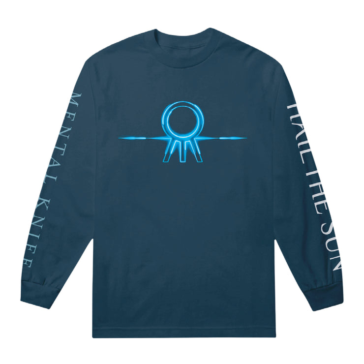 Navy blue colored long sleeve shirt with the Hail The Sun logo across the chest in blue (circle with three lines coming out the bottom. On one sleeve, there is white text that says HAIL THE SUN, and on the other there is blue text that says MENTAL KNIFE.