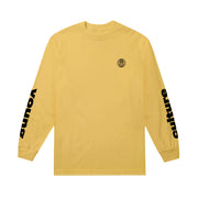 Mustard yellow long sleeve shirt with a small black globe in the top right. Both arms have vertical writing spelling "young culture" each word on opposite arms.