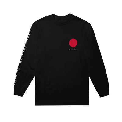 Black long sleeve shirt with a red paint dab design in the top corner. Below that is small white text that says AS CITIES BURN. Down one sleeve there is text that says SCREAM THROUGH THE WALLS.
