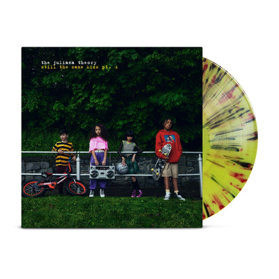 Vinyl jacket with an image of four kids leaning against a railing and holding helmets, skateboards, bikes, and a boombox. There is small text in the top left corner that says THE JULIANA THEORY. Under that there is yellow text that says STILL THE SAME KIDS PT. 1. Peeking out of the side is a yellow, red, and black vinyl.