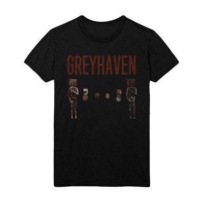Black short sleeve shirt with GREYHAVEN written across the chest in red font. Below that there are two pregnant dolls standing on either side of the shirt. in between them there is are smaller dolls and eggs.