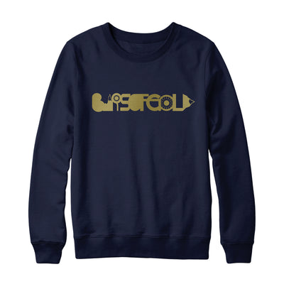Navy crewneck with BARS OF GOLD written across the chest in gold lettering.