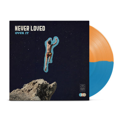 Vinyl jacket with NEVER LOVED written in the top left corner in white font. Below that there is blue text that says OVER IT. The album artwork of a boy jumping off of a cliff, but in a starry space sky. Peeking out of the jacket is a half blue and half orange vinyl.