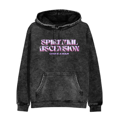 A Greyish Black hoodie with "Spiritual Ascension" written in big pinkand white letters on the front.  Below "spiritual ascension" reads "Cherie Amour" in smaller purple letters