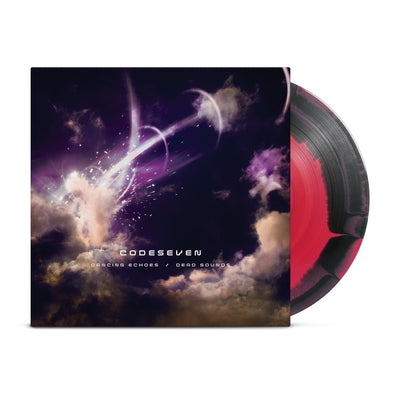Codeseven Dancing Echos Dead Sounds Vinyl LP. album art is a purple sky scene with some type of explosion. vinyl color is red and black mix. 
