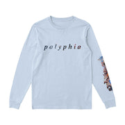 White long sleeve shirt with polyphia written across the chest in black font. On one of the sleeves there is a colorful flower design.