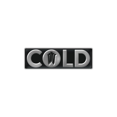 Enamel pin with "COLD" written in silver lettering over a black background. Black nails form the hole inside the O.