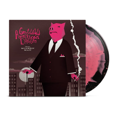 Vinyl jacket with a drawing of a pig in a suit standing in front of a city with the moon behind buildings. In the top left there is text in pink that says GATSBY'S AMERICAN DREAM. Peeking out of the jacket is a pink and black vinyl.