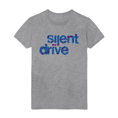 Grey shirt with blue text that reads SILENT DRIVE.