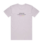 Lavender dust colored short sleeve shirt with ARMOR FOR SLEEP written across the chest in black font with a pink and yellow gradient line below it.