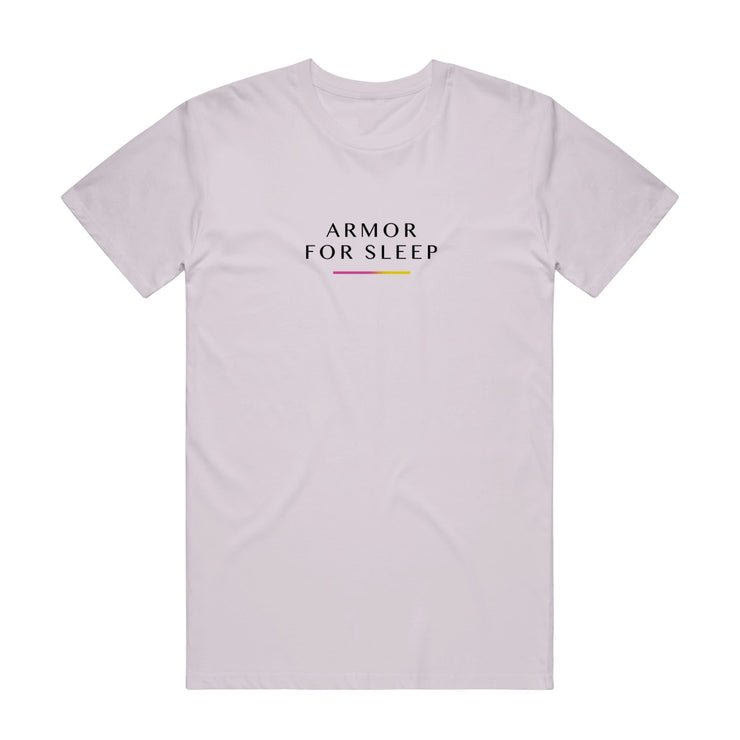 Lavender dust colored short sleeve shirt with ARMOR FOR SLEEP written across the chest in black font with a pink and yellow gradient line below it.