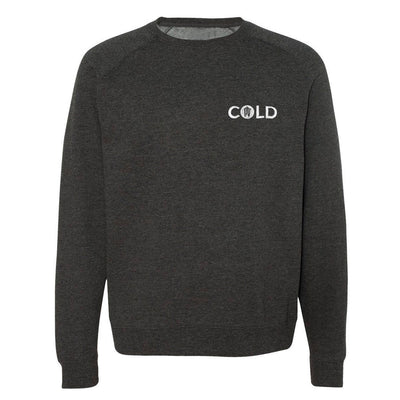 Dark charcoal grey pullover crewneck. The word COLD is embroidered in white thread on the top right part of the crewneck. In the center of the O in Cold are 5 nails, Gideon's symbol.
