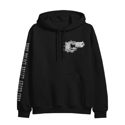 Black pullover hoodie with CHIODOS written in the top right corner white font. There is vertical text written along the sleeve in white font.