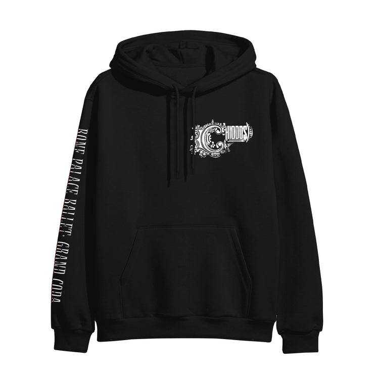 Black pullover hoodie with CHIODOS written in the top right corner white font. There is vertical text written along the sleeve in white font.