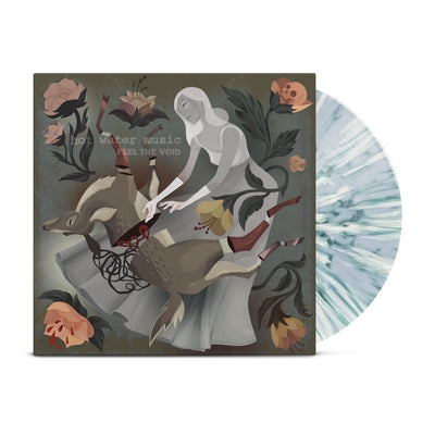 Vinyl jacket with artwork of a woman wearing a long grey dress in the center. The woman is reaching down onto her legs where there is a deer that has been split in half. In each corner is drawings of light pink flowers, one of them having a skull blooming out of it. In the top left corner there is text that lightly says HOT WATER MUSIC and below it there is text that says FEEL THE VOID. There is a blue with white and olive green splattered vinyl peeking out of the side.
