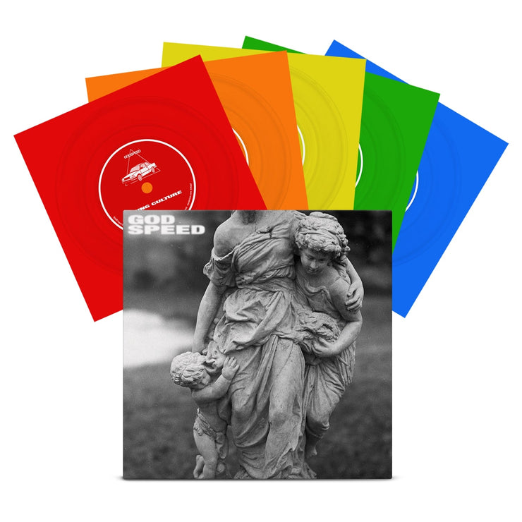 Multicolored flexi set with a black and white cover. The cover is artwork of statues. It appears to be a mother and two children, which she is grabbing and holding on to. In the top left corner is white text that says GOD SPEED.