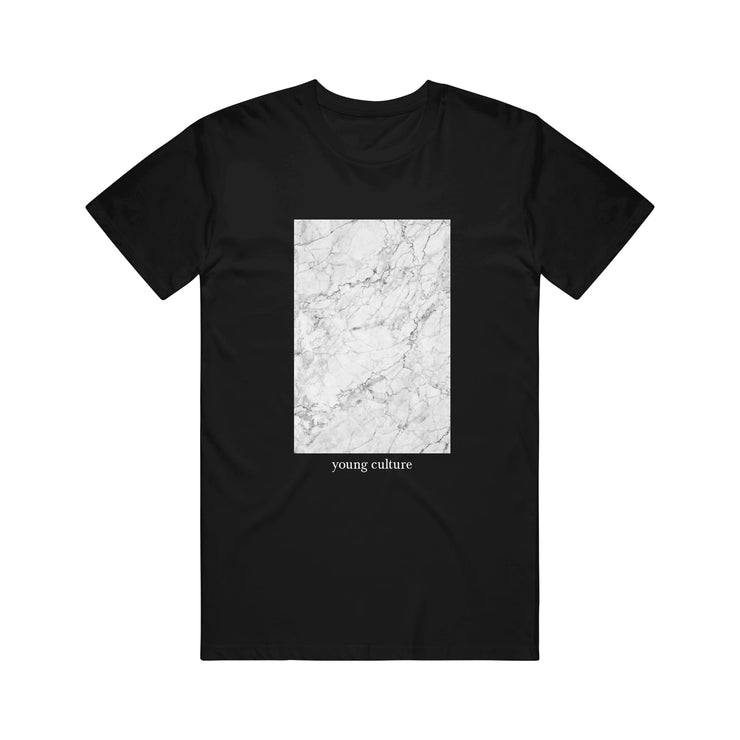 Black short sleeve shirt with a rectangle design filled with white and grey marble pattern. Below that there is small white text that says young culture.