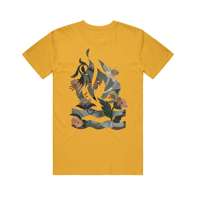 Yellow short sleeve shirt with a cool abstract artwork that shows greens and other colors on it.