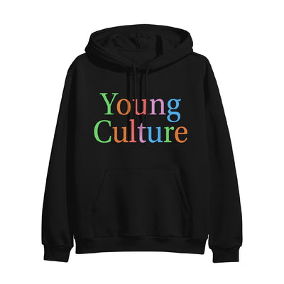 Black pullover hoodie with YOUNG CULTURE written in large letters across the front. The font is rainbow colored, each letter being a different color.