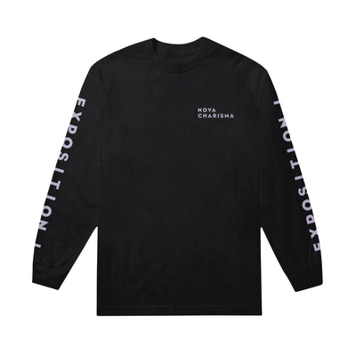 Black long sleeve shirt with NOVA CHARISMA written in the top right. Along both sleeves, EXPOSITION I is written vertically. 
