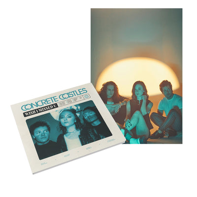 White square CD with blue text that says CONCRETE CASTLES across the top. Below that there is a black box that says WISH I MISSED U. Below that is a blue tinted image of the band. CD comes with a poster of the band.