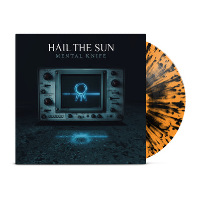 We see a vinyl cover that shows a vintage tv in a poorly lit room with the band’s symbol appearing on screen. There is text on the top center that reads HAIL THE SUN and MENTAL KNIFE below it. Sticking out of the vinyl cover is an orange and black colored vinyl