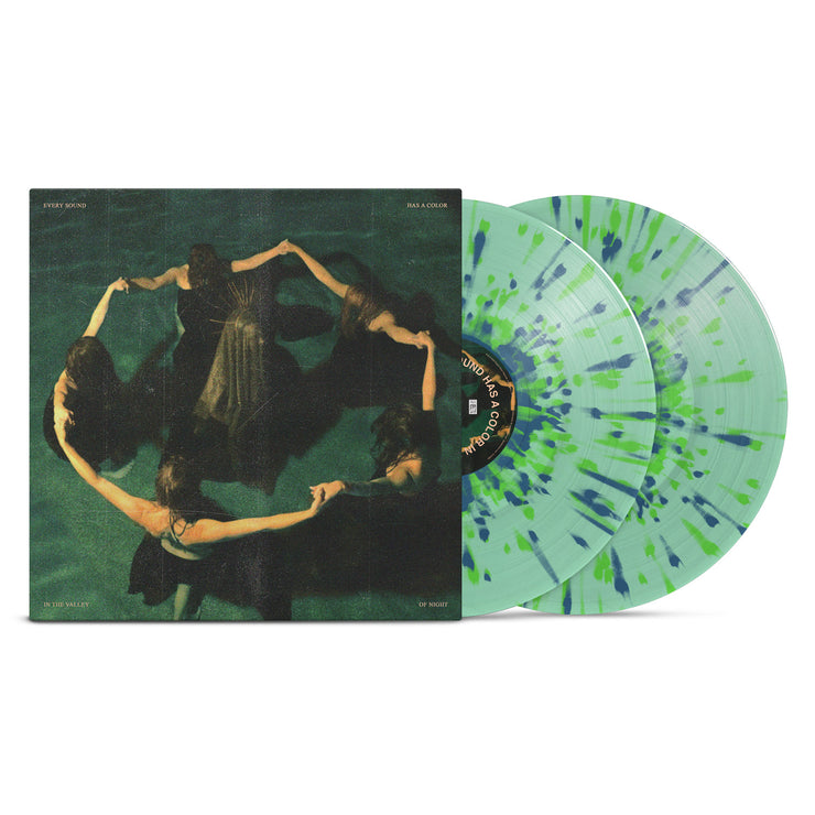 Night Verses Every Sound Has A Color In The Valley Of Night Vinyl LP. Album Art depicts 5 women holding hands around another person or being in a pool together. Vinyl is exposed to show color. color of LP is Coke Bottle Clear with spring green and aqua blue splatter.