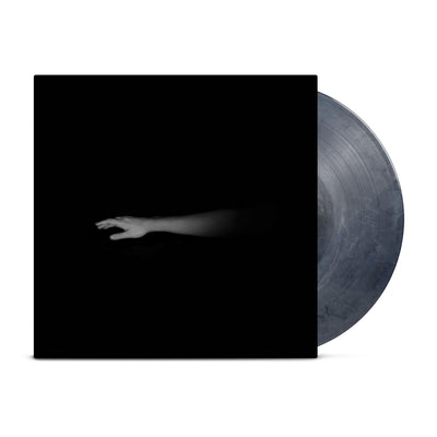 Image of Fairweather Deluge Vinyl LP with LP exposed to show color. Color of LP is Grey Smoke. Album cover shows half a ghostly arm on a black background.