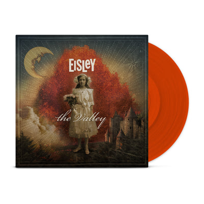 Vinyl jacket with artwork of a girl holding flowers standing in front of a red cloud. In the background there is a castle and more clouds. Above her there is white text that says EISLEY. In front of her there is text hat says THE VALLEY. Peeking out of the side is an orange vinyl.