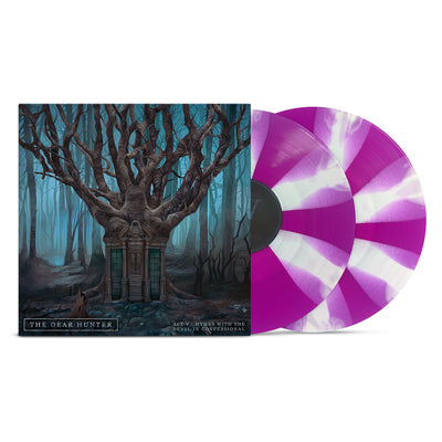 The Dear Hunter - 'Act V: Hymns With The Devil In Confessional' vinyl. A record is pictured against a white background. The cover of the record is a painting of a forest. In the middle of the forest is a mausoleum with branches growing out of it. The background of the painting is teal and the trees are brown. On the bottom left corner are the words "The Dear Hunter" in white and "Act V: Hymns With The Devil In Confessional" on the bottom right. The vinyl record is white and violet striped.