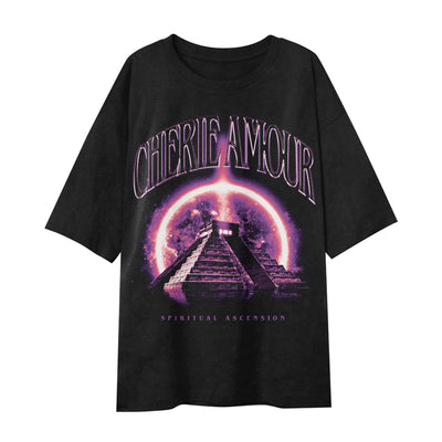 Black Cherie Amour T-Shirt written above a pyramid with a purple ring of light surrounding the pyramid. Below the pyramid reads the words "Spiritual Ascension"