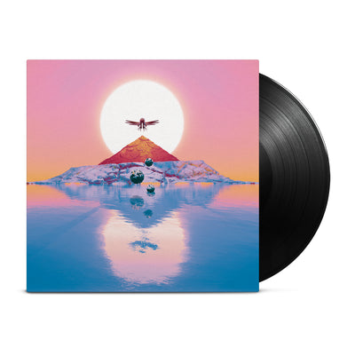 Vinyl jacket with artwork that is the sun with a bird with it's wings spread over it. Below the bird is a mountain in the center of a body of water. The sun is setting and there is a reflection in the water of the mountain, sun, and bird. Peeking out of the vinyl jacket is a black disc.