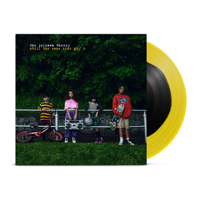 Vinyl jacket with an image of four kids leaning against a railing and holding helmets, skateboards, bikes, and a boombox. There is small text in the top left corner that says THE JULIANA THEORY. Under that there is yellow text that says STILL THE SAME KIDS PT. 1. Peeking out of the side is a black and yellow vinyl.