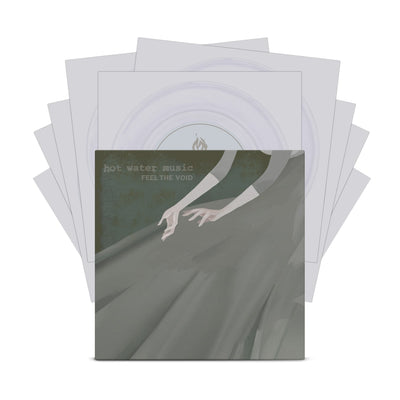 Hot Water Music flexi set. There is a design of a woman's hands reaching down onto her long dress. In the top left there is text that says HOT WATER MUSIC, and below it is text that says FEEL THE VOID. The entire drawing is colored in grey and white.