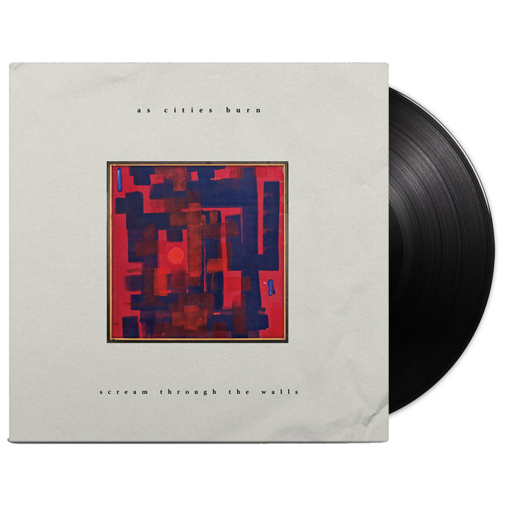 Black vinyl record coming out of a vinyl jacket. Jacket is a  square, light grey with the world as cities burn at the top. The world scream through the walls are at the bottom. In the middle is a square piece of art with a red background and thick rectangular blue paint brush like strokes