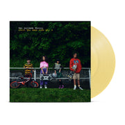 Vinyl jacket with an image of four kids leaning against a railing and holding helmets, skateboards, bikes, and a boombox. There is small text in the top left corner that says THE JULIANA THEORY. Under that there is yellow text that says STILL THE SAME KIDS PT. 1. Peeking out of the side is a yellow vinyl.