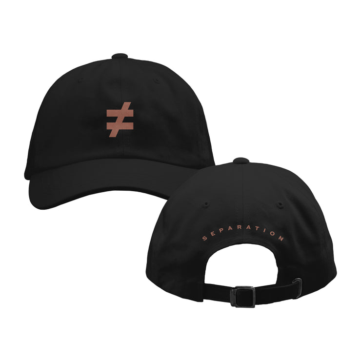 Black dad hat with a not equal to sign on the front in an orange / brown color. On the back, orange / brown font spells SEPARATION.