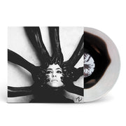 Vinyl jacket with an image of a woman's face. There are hands with black gloves on reaching at her face from all directions. Peeking out of the vinyl jacket is a black and clear vinyl.