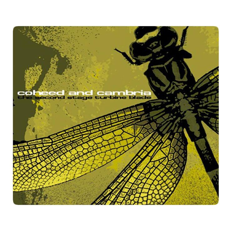CD cover that has a dragonfly showing on it.  The color of the CD case is green and there is text that reads. Coheed and Cambria, The Second Stage Turbine Blade 