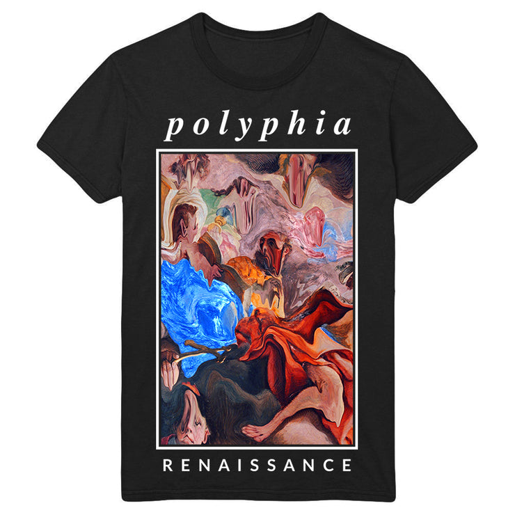 Black short sleeve shirt with polyphia written in white font across the top of the chest. Below that, there is a distorted colorful renaissance painting, Below the painting there is smaller white text that says RENAISSANCE.
