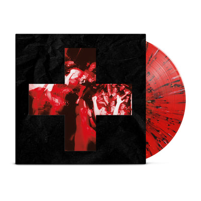 Bane - 'Give Blood' LP. The picture depicts a vinyl record against a white background. The cover of the record is black with a red cross. Within the cross is a picture of the band on stage in front of a crowd. The vinyl record behind it is a transparent red with black and white splatters. 