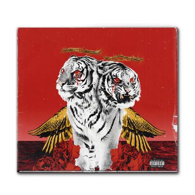 Square CD with two white tigers in the center. The tigers have yellow wings and red dripping from their eyes. 