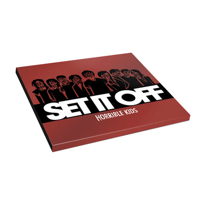 Set It Off - 'Horrible Kids' CD. A red CD is shown against a white background. On it are the black silhouettes of nine people, with words covering their faces. Below the figures is a black bar with large white letters saying "SET IT OFF," and below the black bar are the words "Horrible Kids" in smaller white letters.
