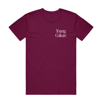 Maroon colored t-shirt with YOUNG CULTURE written in the top left side in white letters.  