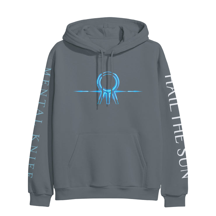 Charcoal colored hoodie with the Hail The Sun logo across the chest in blue (circle with three lines coming out the bottom. On one sleeve, there is white text that says HAIL THE SUN, and on the other there is blue text that says MENTAL KNIFE.