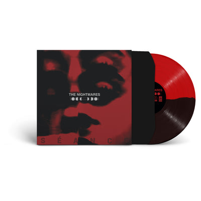 Black and red vinyl case that shows a trippy looking face and has text that reads The nightmares and text on the bottom that reads Seance.  Sticking out of the vinyl case is a black and red vinyl.