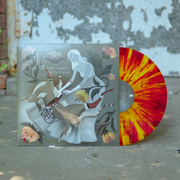 Vinyl jacket with artwork of a woman wearing a long grey dress in the center. The woman is reaching down onto her legs where there is a deer that has been split in half. In each corner is drawings of light pink flowers, one of them having a skull blooming out of it. In the top left corner there is text that lightly says HOT WATER MUSIC and below it there is text that says FEEL THE VOID. There is a yellow with red splattered vinyl peeking out of the side. both are sitting on top of concrete.