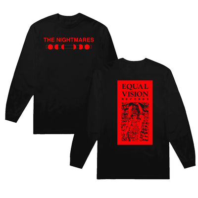 Black long-sleeved shirt with text that reads The Nightmares and a logo with all phases of the moon shown, both in red.  On the back is the Equal Vision Records logo, laid across the backside of the shirt.