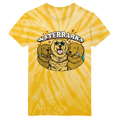 Gold tie dye short sleeve shirt with white text that says WATERBARKS across the chest. Below that are three dogs, the center one with star sunglasses on.