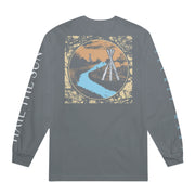 Back of long sleeve shirt with a drawing of wooden structures lining a river running into the distance.